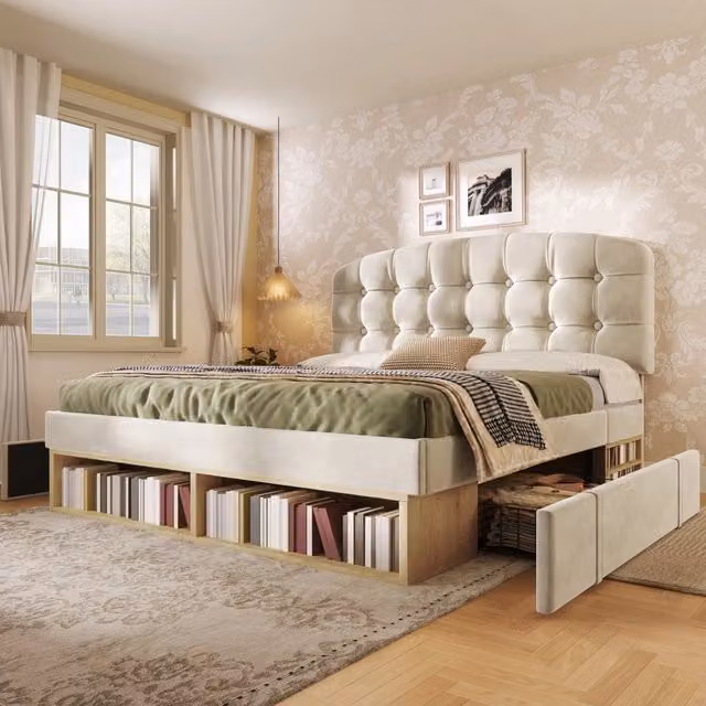 Letto matrimoniale 140x200 cm, rivestimento in velluto, testiera regolabile, 2 cassetti, beige