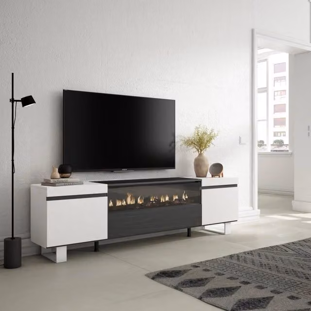 Mobile TV, 200x35x57cm, soggiorno, Per TV fino a 80", Camino elettrico, Design industriale, Bianco e nero RF2170