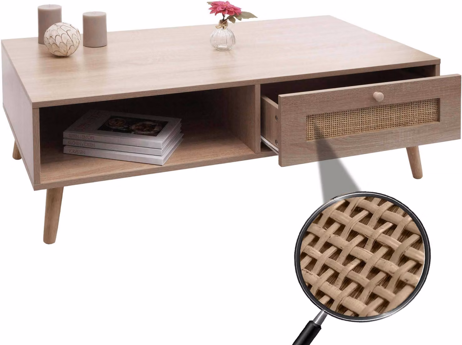 Tavolino HWC-M39, tavolino da salotto tavolino da divano, cassetto Kubu rattan legno melaminico, 37x110x59cm effetto rovere