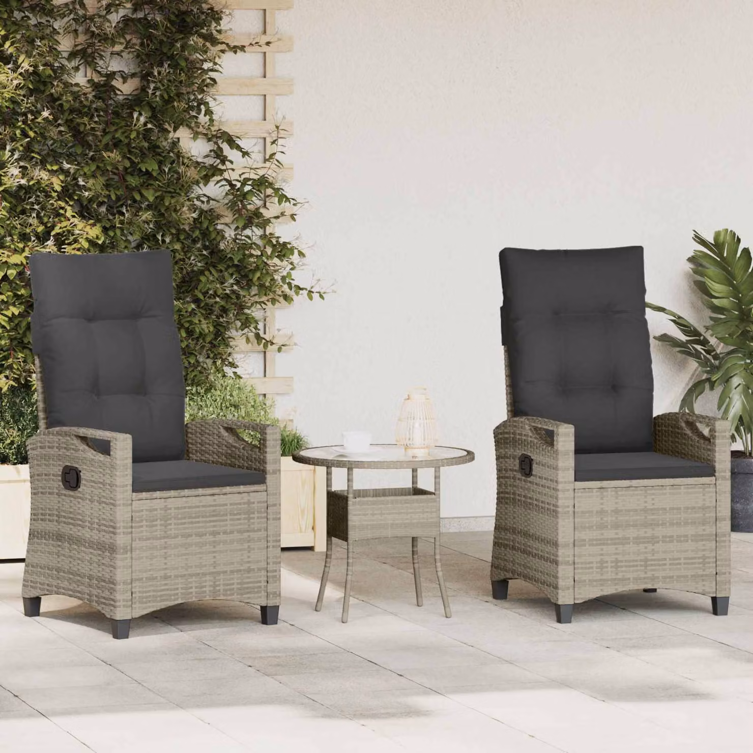 Set di 2 sedie da giardino vidaXL moderne in metallo e rattan con cuscini grigi e braccioli resistenti ai raggi UV