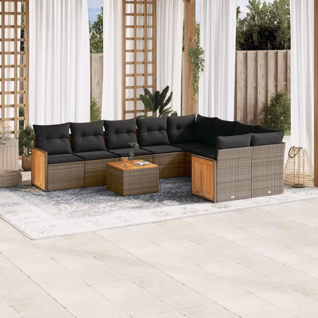 Set Divano da Giardino vidaXL 10 pz in Polyrattan Grigio con Cuscini e Tavolino