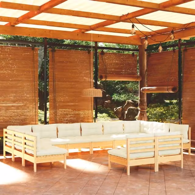Set di divani da giardino a L vidaXL in legno massello di pino con cuscini beige