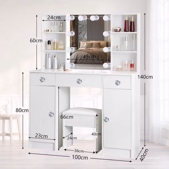 Tavolino da toilette con specchio e luci LED regolabili - Tavolino da toilette con 3 cassetti, 4 ripiani aperti e 2 armadietti - Bianco - 100 x 40 x 140 cm Tavolino da toilette