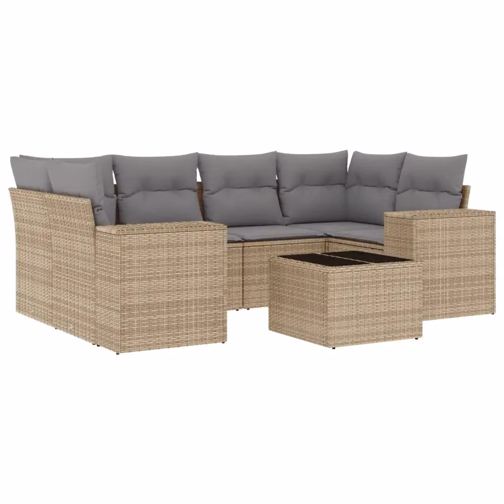 vidaXL Set Divani da Giardino 7 pz Moderno in Polyrattan con Cuscini Beige e Tavolino in Vetro – 2