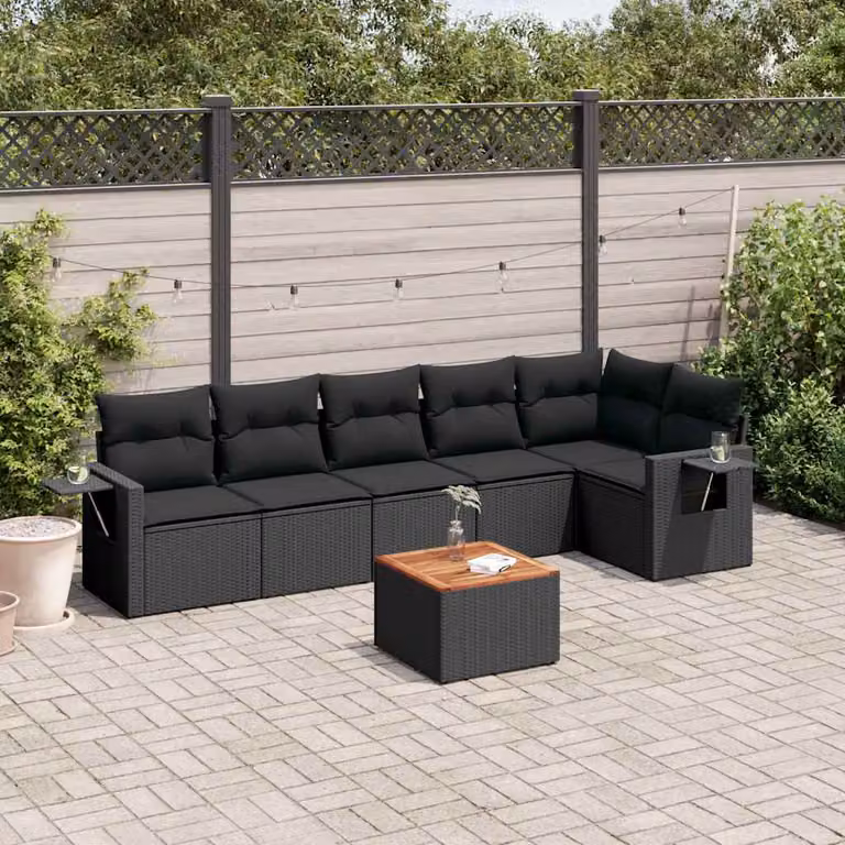 Set di Divani da Giardino a L vidaXL in Polyrattan Nero con 7 Cuscini e Tavolino da Esterno