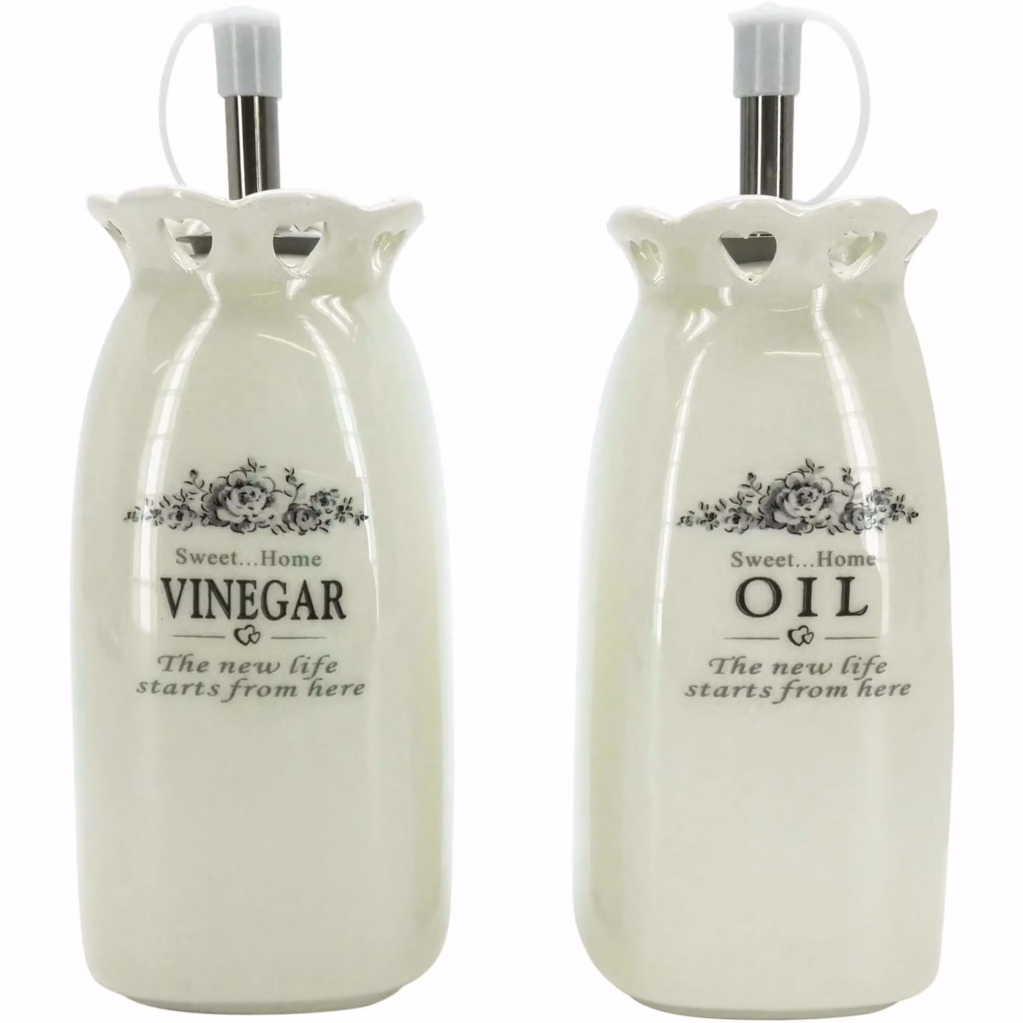Set olio e aceto in ceramica con decoro floreale Gusto Casa, beige e bianco, Altezza: 13 cm