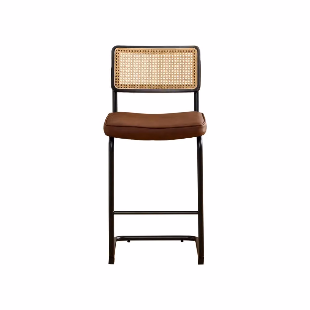 Set di 2 sgabelli da bar Minimal marroni in similpelle effetto rattan con gambe in metallo in stile retrò senza braccioli – 2
