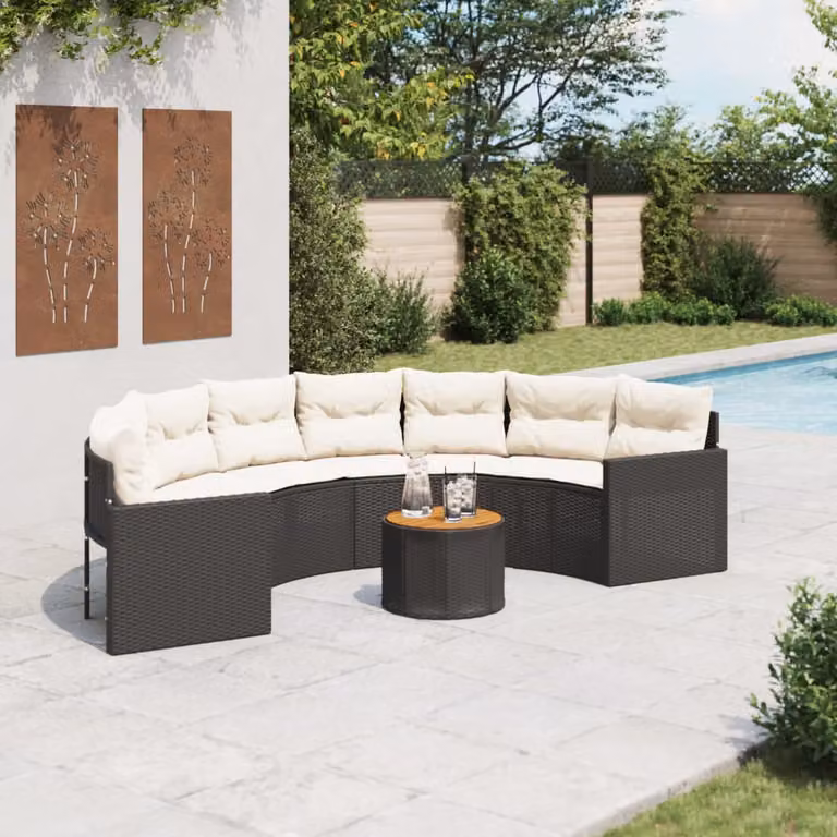 Set da giardino vidaXL a forma di U con divano a 3 posti, tavolino da caffè e cuscini, struttura in metallo e rattan, bianco e nero