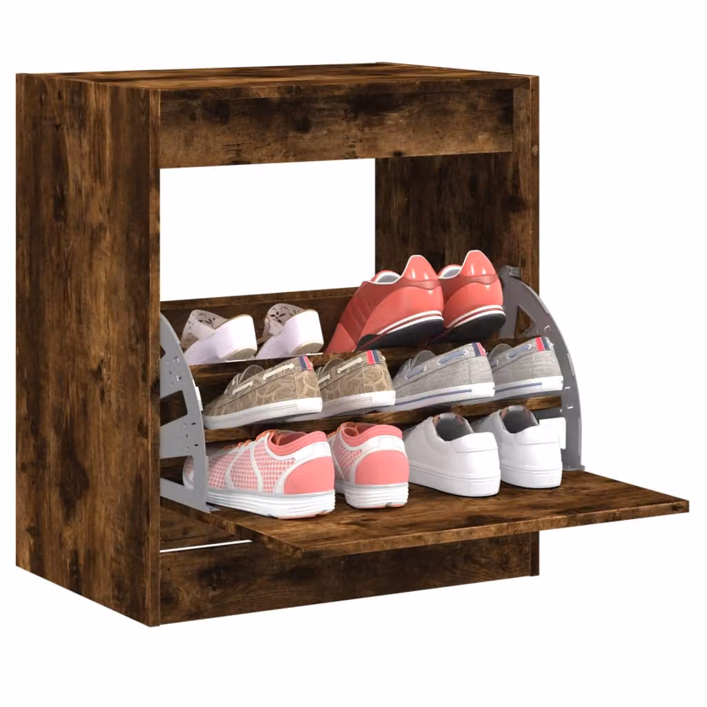 Scarpiera moderna vidaXL in legno rovere color marrone con vani a ribalta, L: 60 cm, P: 42 cm, H: 69 cm