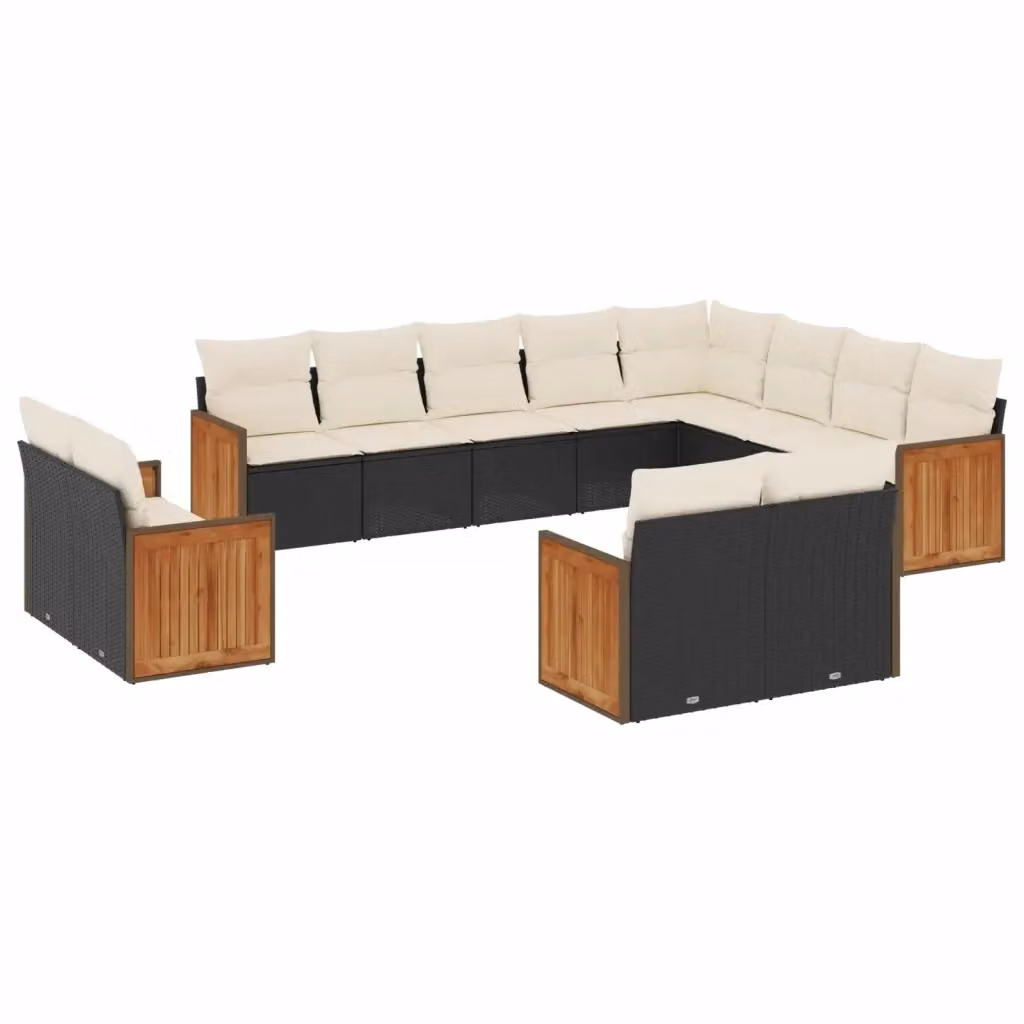 vidaXL Set Divani da Giardino 12 pz a forma di U in Polyrattan e Legno di Acacia con Cuscini, Nero e Bianco – 2