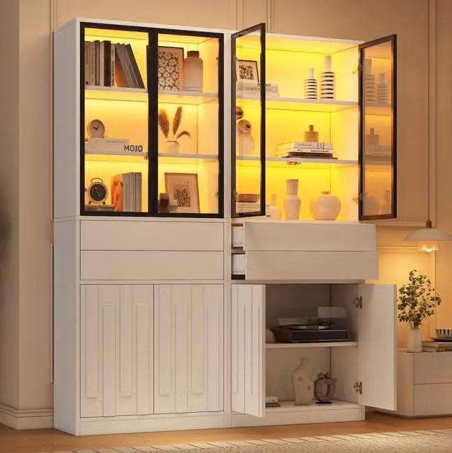 Vetrina a 2 elementi 70x34x180 cm in truciolare; con ante in vetro e LED Bluetooth; bianco