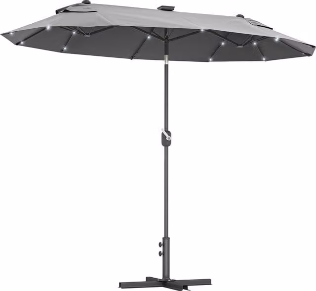 Ombrellone doppio a braccio Outsunny con base a croce e luci solari, Grigio, L: 295 cm, P: 150 cm, H: 219 cm
