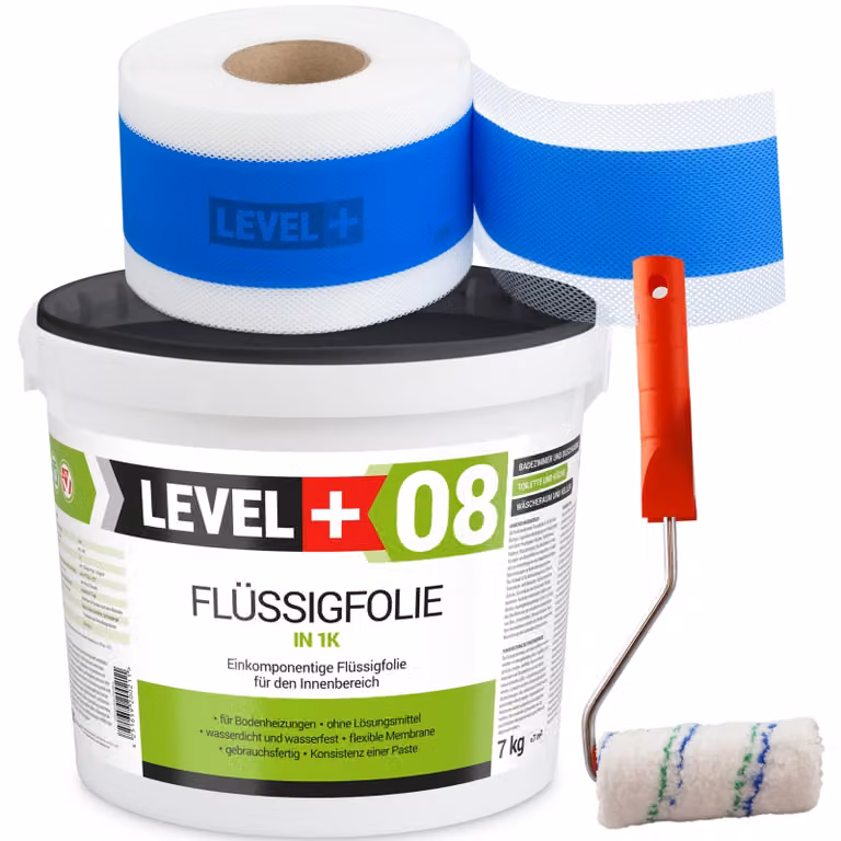 Kit di impermeabilizzazione Pellicola liquida 7 kg Nastro di tenuta 10mb + Rullo di verniciatura LEVEL+ SET296