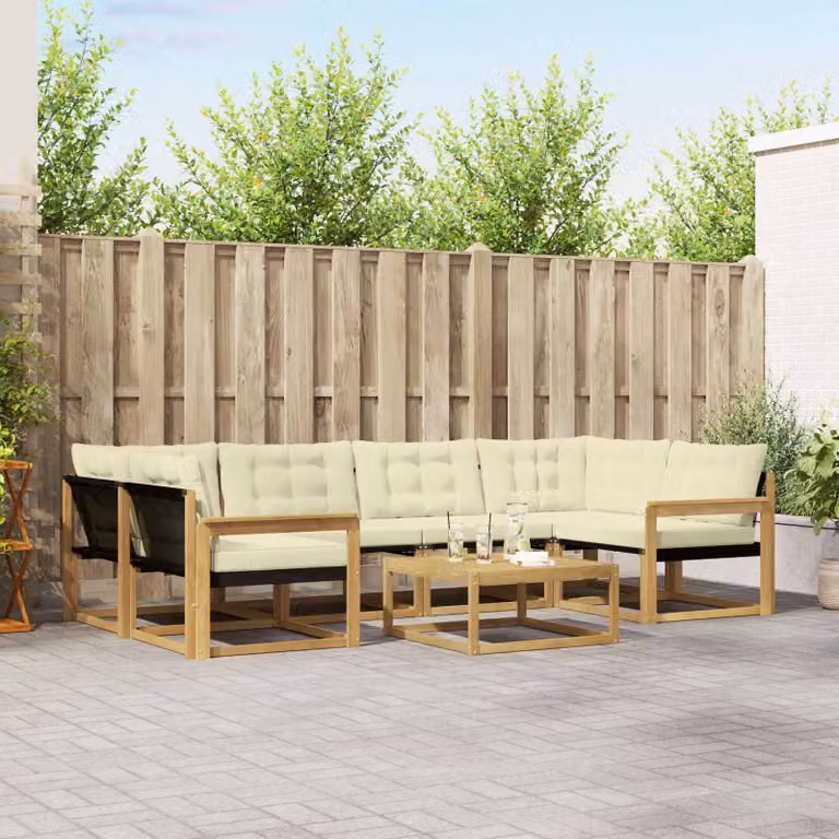 Set di divani da esterno vidaXL 7 pz in legno di acacia con cuscini bianco e beige