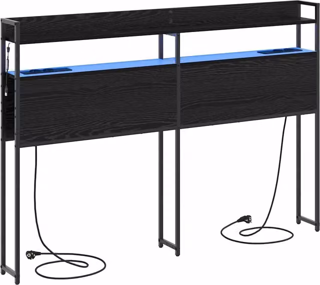Testata contenitore moderna vidaXL in legno e metallo nero con illuminazione integrata, mensola e porta USB, L: 150 cm