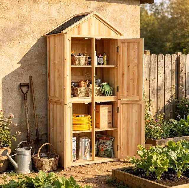 Armadio da giardino in legno 82x50x190 cm con tetto inclinato in asfalto e 2 ripiani; naturale