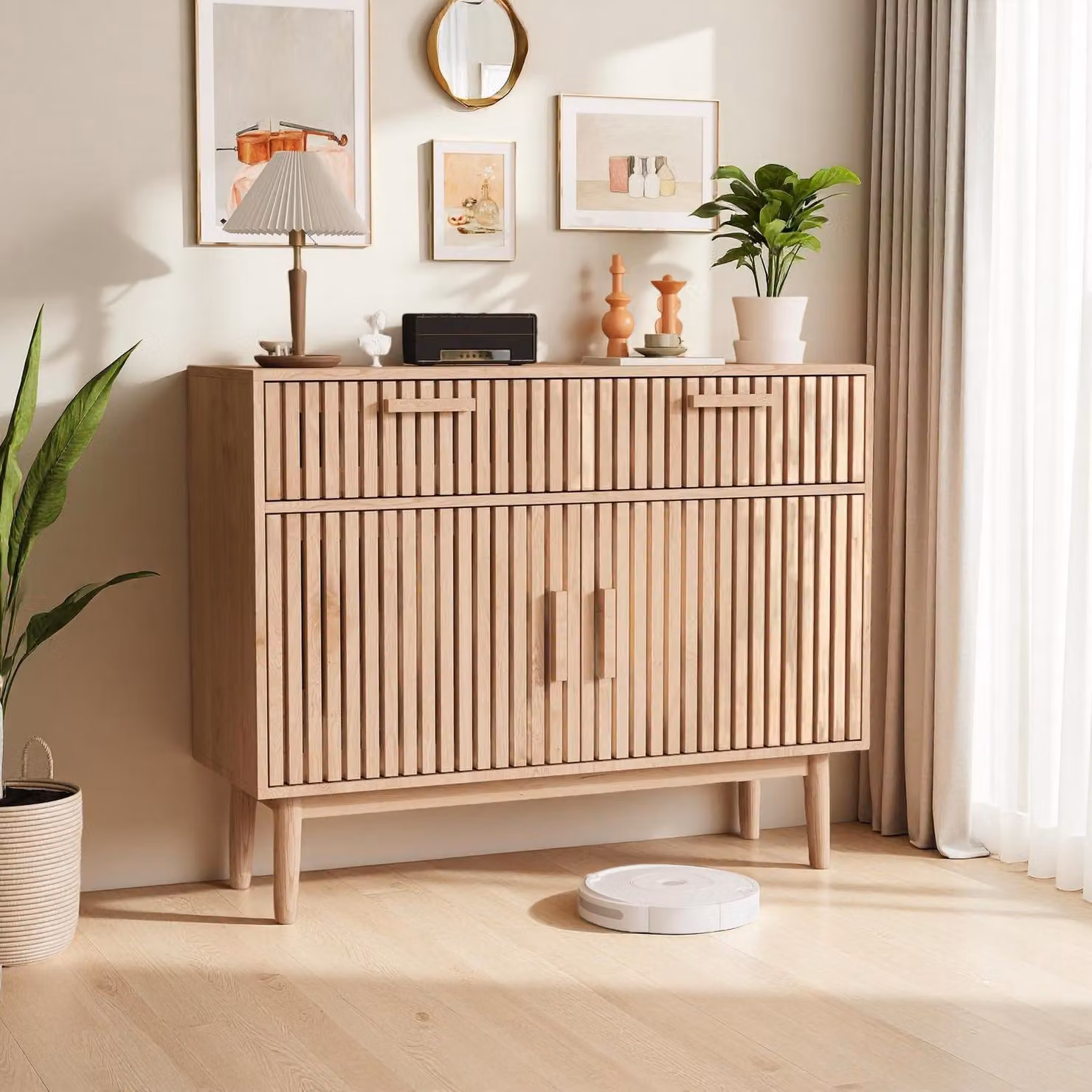 Mobiletto da cucina, credenza in stile boho, legno di quercia, 100x35x80 cm, 2 ante, 2 cassetti