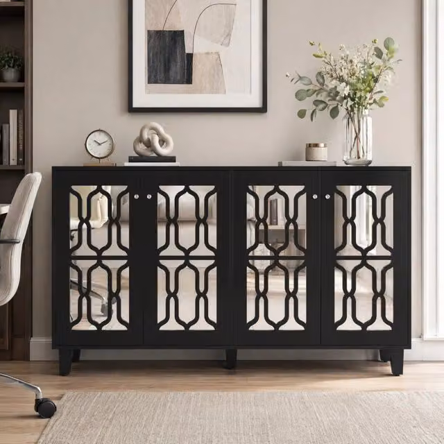 Credenza Mivray moderna per soggiorno e sala da pranzo in MDF nero lucido con top a specchio L/P/H: 160 x 40 x 84 cm