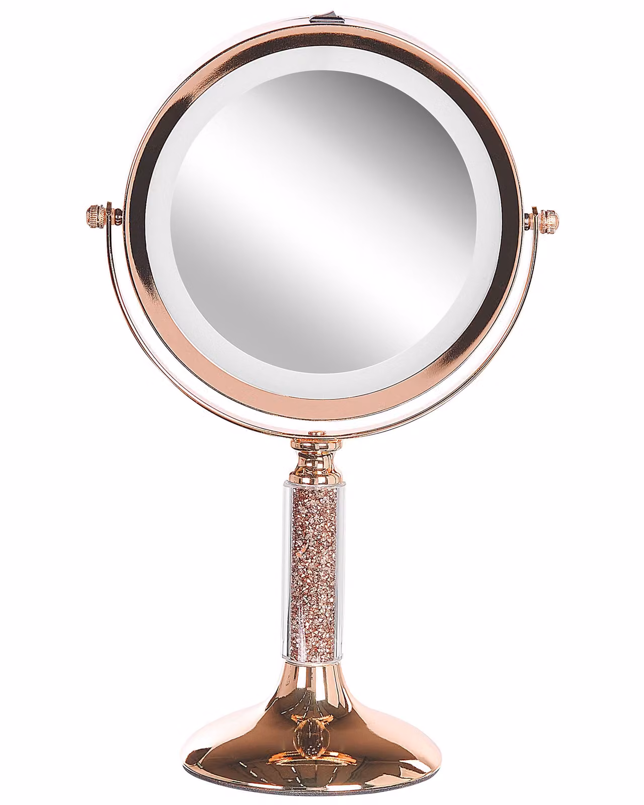 BELIANI Specchio cosmetico in metallo rosa-dorato ø 13 cm rotondo bifacciale ruotabile con supporto di luce LED specchio da tavolo per il trucco con ingrandimento 5x