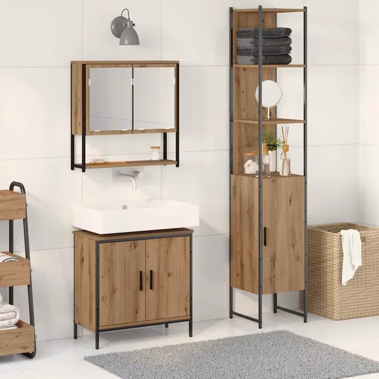vidaXL Set di mobili da bagno moderni in 3 pezzi in MDF marrone e nero, composto da armadietto con specchio, mobile lavabo e mobile laterale a parete