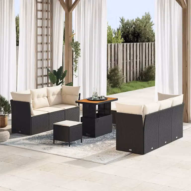 Set Divano da Giardino vidaXL 9 Pezzi Moderno in Polyrattan Nero e Beige con Cuscini e Tavolino da Caffè