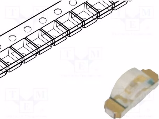 2 LED SMD, dimensioni 3,2x1,5x1mm, modello 1204, intensità luminosa 18÷60 mcd, angolo di emissione 130°, colore blu, tensione di alimentazione 3,4÷3,9V, corrente di funzionamento 20mA, codice prodotto R-C110. Diodi LED SMD