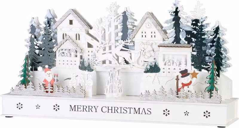 Decorazione MagicHome Natale, Villaggio, legno, 15xLED bianco caldo, 45x15x22.7 cm, 2xAA