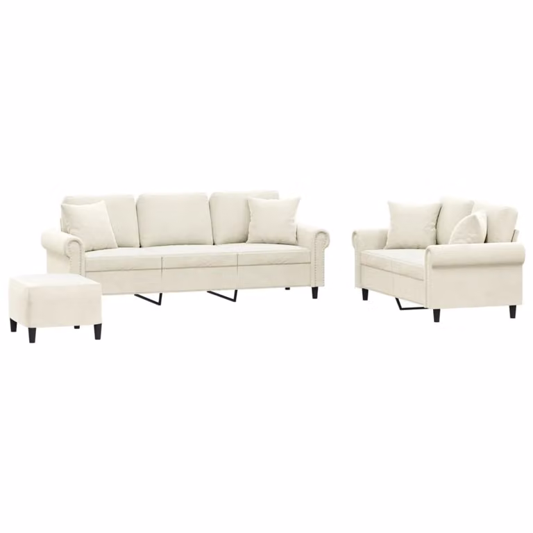 Set di Divani 3 pz con Cuscini Crema in Velluto