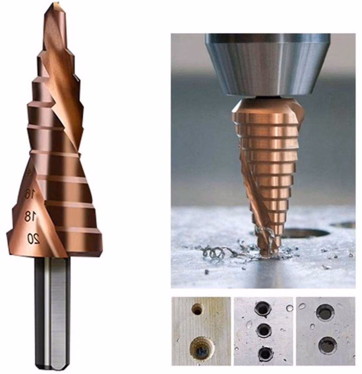 Trapano a tazza professionale da 4 a 20 mm con scanalatura a spirale, ideale per la lavorazione dei metalli, e trapano di precisione con impugnatura triangolare