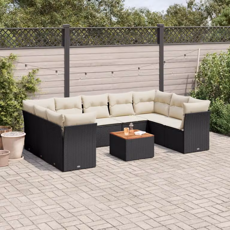 Set di divani da giardino vidaXL a forma di L con cuscini e tavolino da esterno in rattan e metallo nero