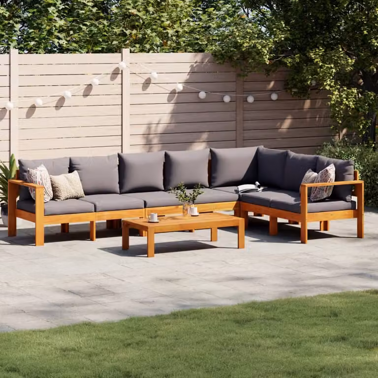 Set Divano da Giardino 5 pz vidaXL in Legno di Acacia con Cuscini Grigi e Tavolino da Esterno