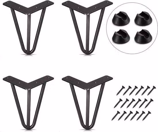 Set da 4 - Gambe da tavolo - Gambe per mobili fai da te da 10 cm - Per tavolino da caffè, tavolo da pranzo, scrivania, nero + protezioni per i piedi e viti