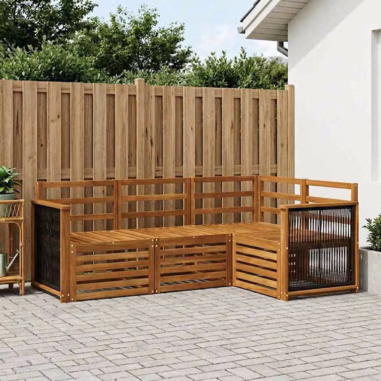 Set di divani da esterno vidaXL a forma di L composto da 4 pezzi in legno di acacia marrone con tessuto in poliestere resistente ai raggi UV