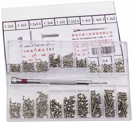Set di viti di precisione per piccole riparazioni, 18 dimensioni: M1.2/M1.4/M2, colore argento