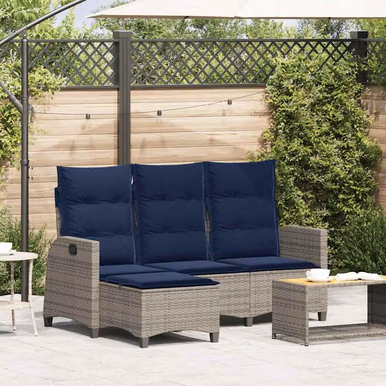 vidaXL Divano da giardino a L con cuscini, struttura in polyrattan e metallo, colore grigio e blu, con poggiatesta regolabile e coperture rimovibili