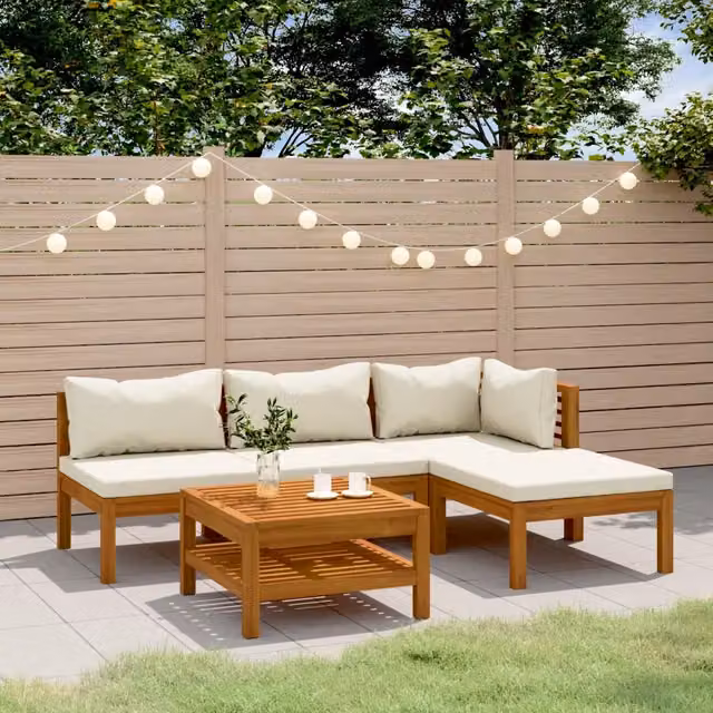 Set Divani da Giardino 5 pz con Cuscini Crema in Legno Acacia 3086926