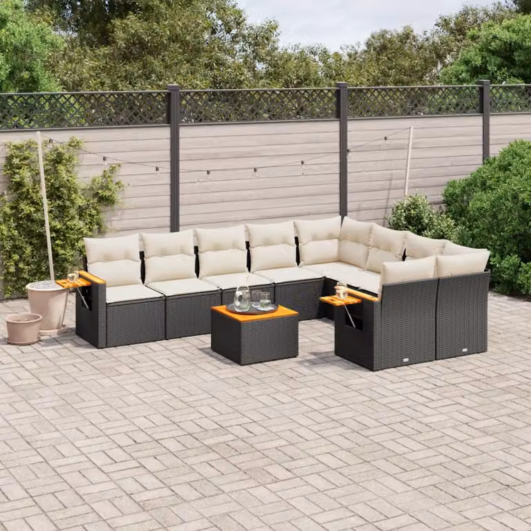 Set di divani da giardino vidaXL a forma di U in polyrattan nero con cuscini e tavolino da caffè per esterno