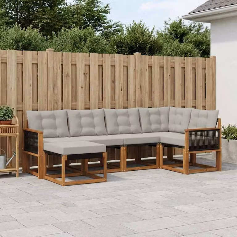 Set di divani da esterno a L vidaXL in legno di acacia con cuscini beige e grigio, composto da 6 pezzi con pouf incluso