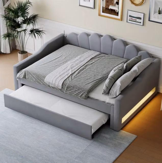 Letto da giorno 140x200 cm rivestito in lino con letto estraibile e LED; grigio