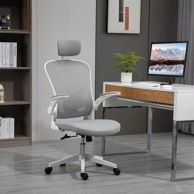 Sedia da ufficio 65x64x114-122 cm ergonomica con poggiatesta in plastica grigia