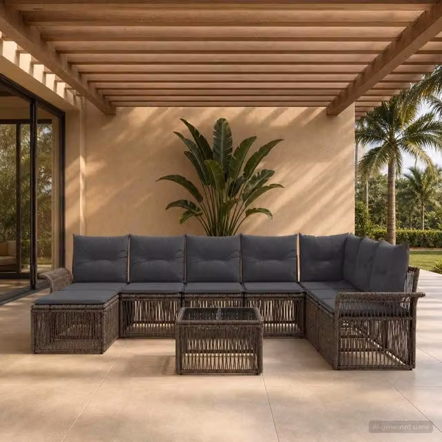 Set Divano da Giardino a Forma di U vidaXL in Polyrattan Grigio con Tavolino e Ottoman, 9 Pezzi – 1
