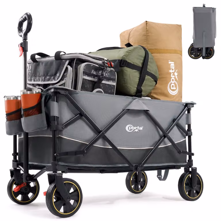 Carrello pieghevole di grandi dimensioni, con portata massima di 120 kg, dotato di portabicchieri e scomparto laterale, ideale per il trasporto in giardino