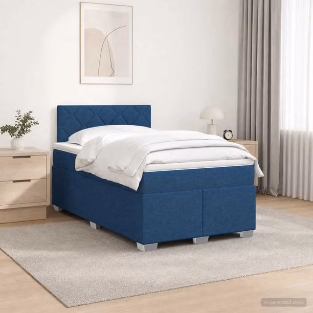 Letto con Box Spring e Materasso Ibrido vidaXL con Illuminazione LED Blu e Porte USB, L/P: 120 x 200 cm, Bianco e Blu – 1
