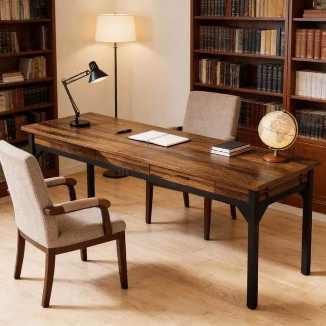 Scrivania REDOM in stile industriale in legno e metallo, L/P/H: 200 x 60 x 82 cm, Marrone e Nero