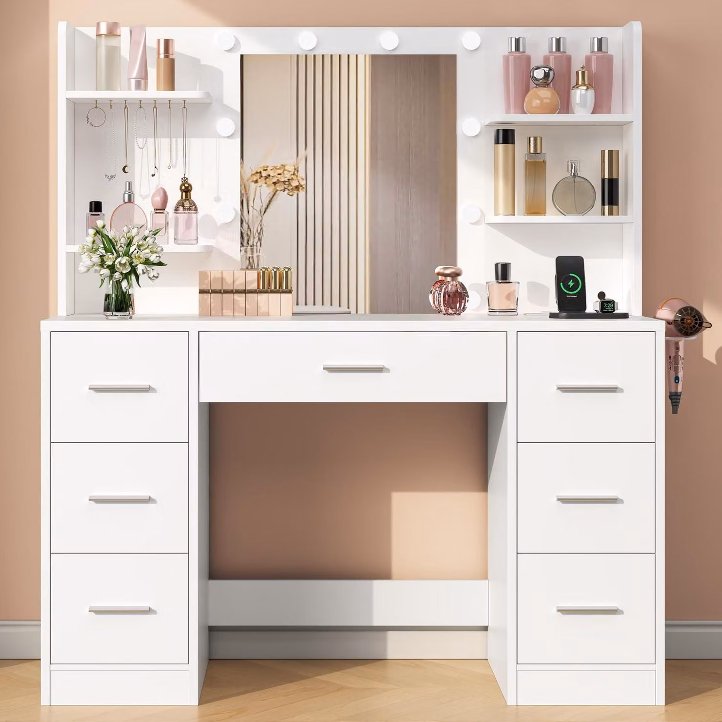 Comò da trucco con illuminazione a LED, 2 prese di corrente, 2 porte USB, specchio, 7 cassetti, bianco