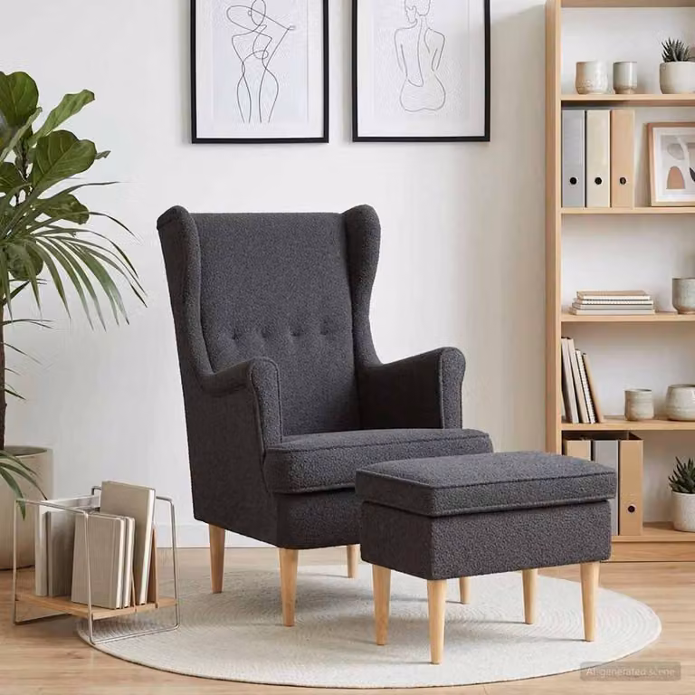 Set di Poltrona con Ottomano vidaXL in Tessuto Bouclé Grigio con Struttura in Legno Massello