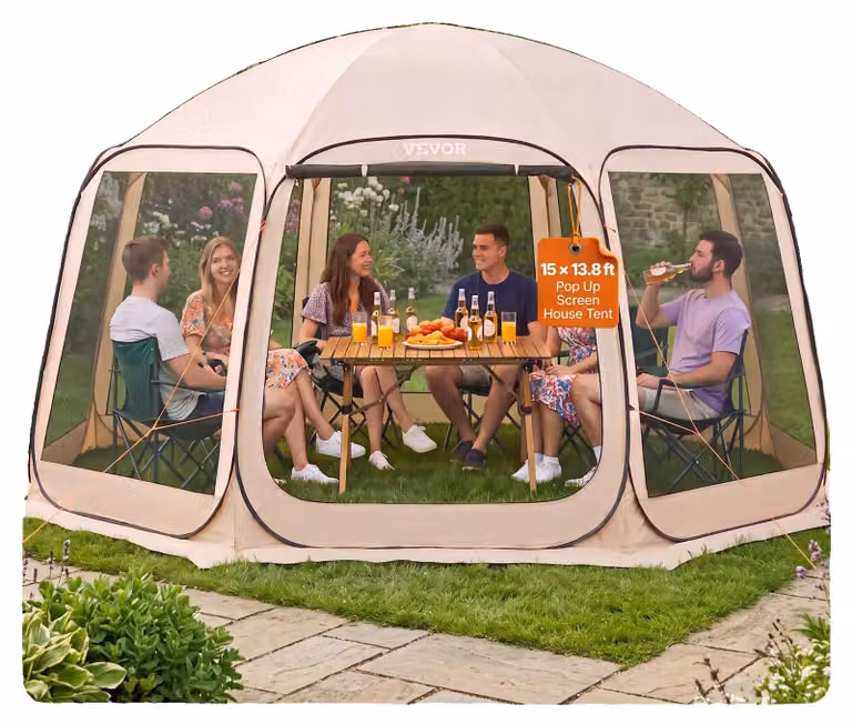 Tenda da campeggio VEVOR, 457,2x420,6x245 cm, tenda per feste per 12-15 persone, tenda a scomparsa, inclusa borsa per il trasporto, pareti laterali in rete e picchetti, per giardino, patio e attività all'aperto, beige