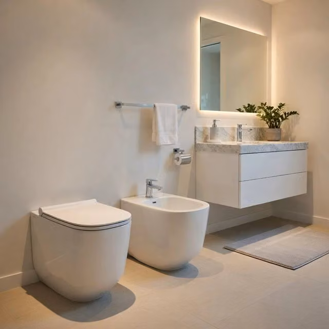 Set di sanitari filomuro WC e bidet in ceramica Ceramiche Dolomite serie ALBA, bianco lucido, con copriwater soft-close