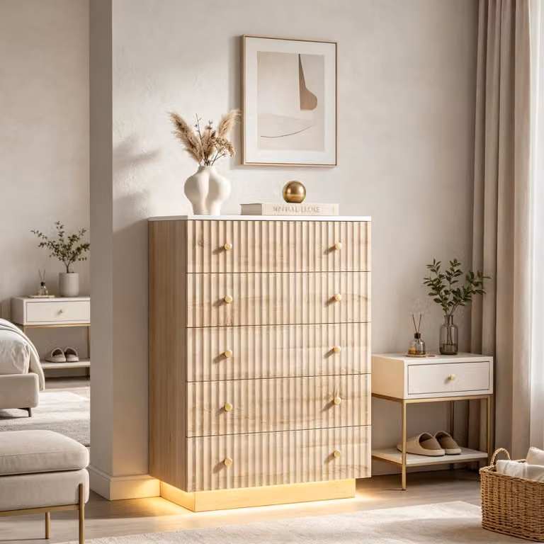 Comodino INONEFT con 5 cassetti, mobile contenitore in legno con illuminazione LED, mobiletto contenitore con sistema di sicurezza anticaduta, mobile per l'ingresso con spazio contenitivo, finitura in legno naturale