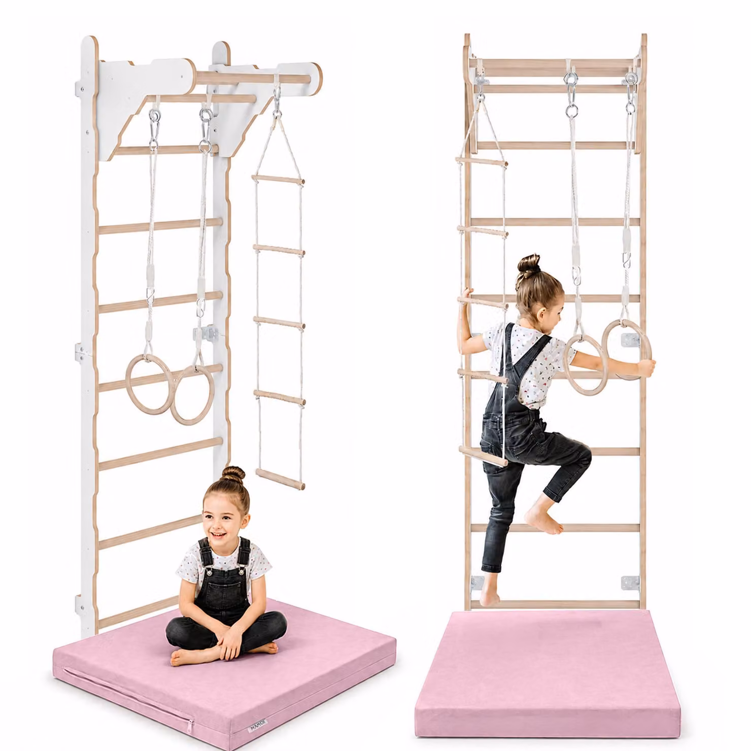 Scala da ginnastica per bambini (210 cm) | Scala da parete in legno | Struttura da arrampicata per bambini | Ruote da ginnastica | Materassino protett